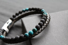 Load image into Gallery viewer, Black Leather Bracelet with Lava Stone &amp; Turquoise coloured Beads
