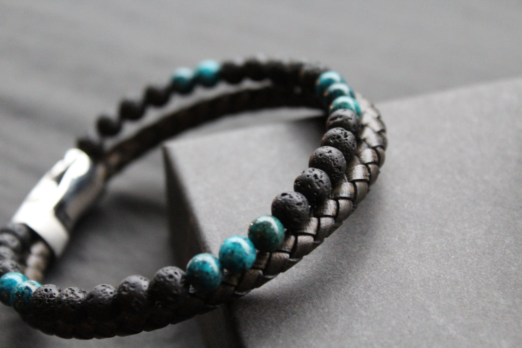 Black Leather Bracelet with Lava Stone & Turquoise coloured Beads