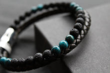 Load image into Gallery viewer, Black Leather Bracelet with Lava Stone &amp; Turquoise coloured Beads
