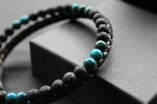 Load image into Gallery viewer, Black Leather Bracelet with Lava Stone &amp; Turquoise coloured Beads
