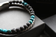 Load image into Gallery viewer, Black Leather Bracelet with Lava Stone &amp; Turquoise coloured Beads
