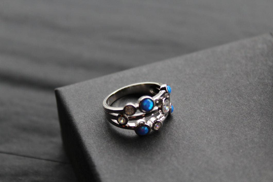 Cubic Zirconia & Blue Opalique Triple Band Ring