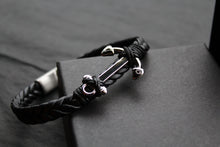 Load image into Gallery viewer, Fred Bennett Black Leather Plaited Bracelet with Anchor
