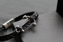 Load image into Gallery viewer, Fred Bennett Black Leather Plaited Bracelet with Anchor
