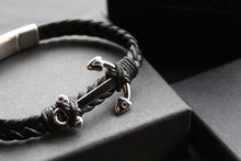 Load image into Gallery viewer, Fred Bennett Black Leather Plaited Bracelet with Anchor
