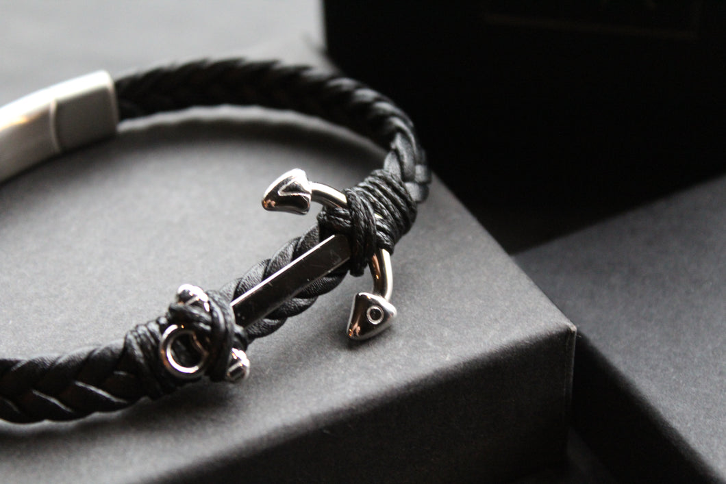 Fred Bennett Black Leather Plaited Bracelet with Anchor