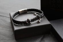 Load image into Gallery viewer, Fred Bennett Black Leather Plaited Bracelet with Anchor
