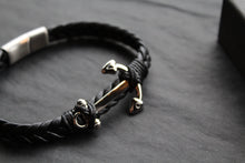 Load image into Gallery viewer, Fred Bennett Black Leather Plaited Bracelet with Anchor
