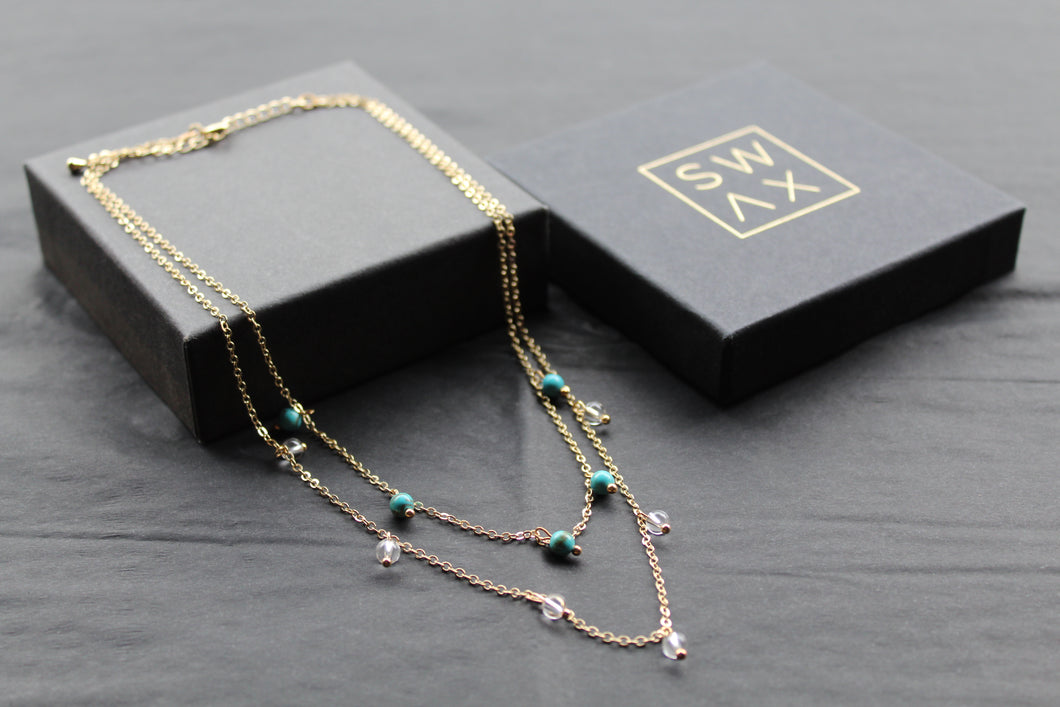 Gold Tone Turquoise & Clear Quartz Layered Necklace