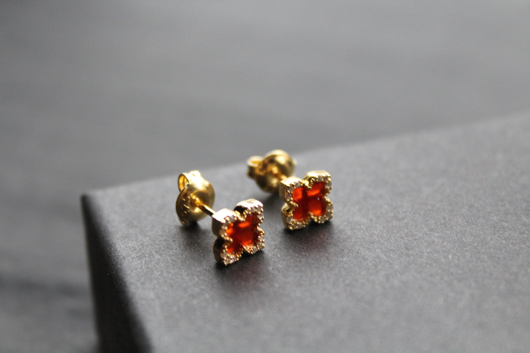 Gold Vermeil Vintage Flower Earrings with Ruby Red Mother of Pearl