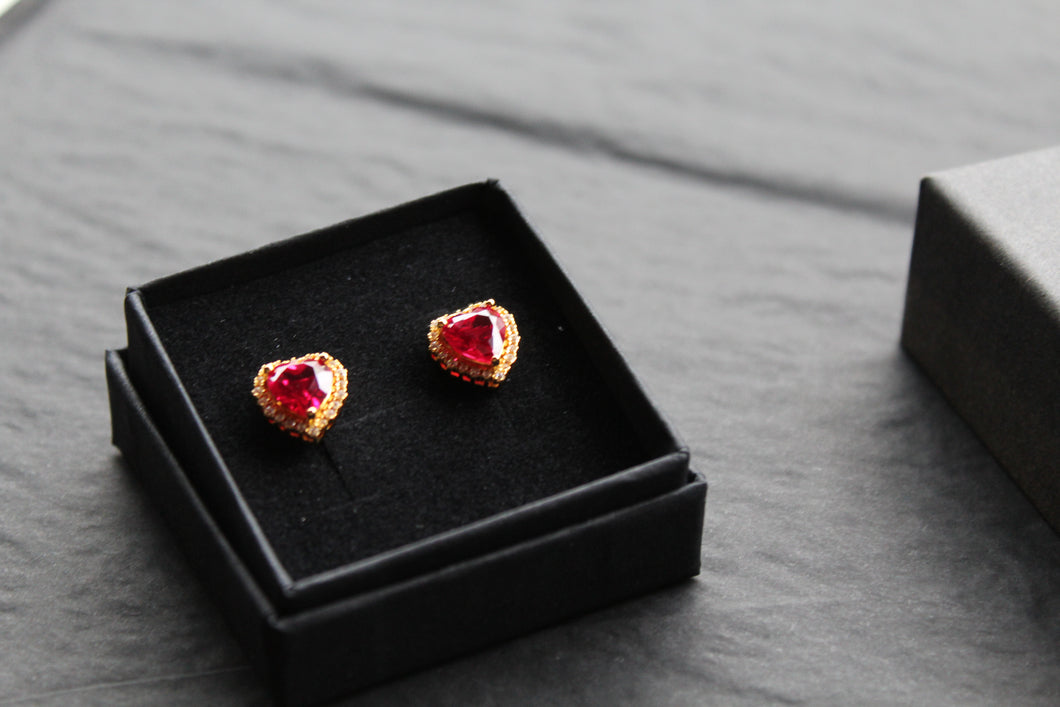 Gold & Ruby Red Cubic Zirconia Heart of India Earrings