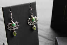 Load image into Gallery viewer, Green Copper Turquoise Peridot Lotus Flower Earrings
