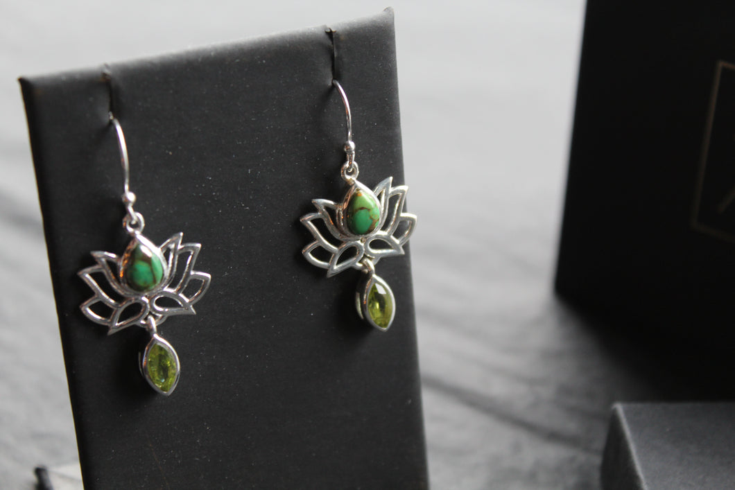 Green Copper Turquoise Peridot Lotus Flower Earrings