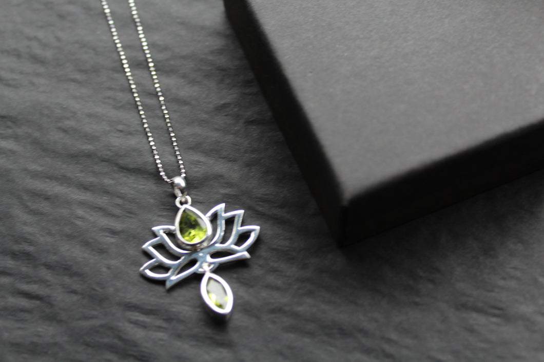 Peridot Sterling Silver Lotus Flower Pendant on Silver Chain