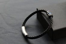 Load image into Gallery viewer, Black Leather Bracelet with Matte &amp; Polished Blue IP Steel Element
