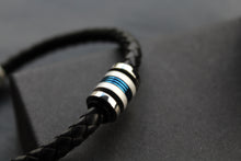 Load image into Gallery viewer, Black Leather Bracelet with Matte &amp; Polished Blue IP Steel Element
