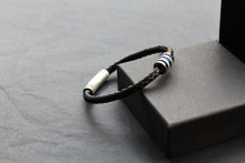 Load image into Gallery viewer, Black Leather Bracelet with Matte &amp; Polished Blue IP Steel Element
