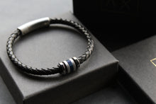 Load image into Gallery viewer, Black Leather Bracelet with Matte &amp; Polished Blue IP Steel Element
