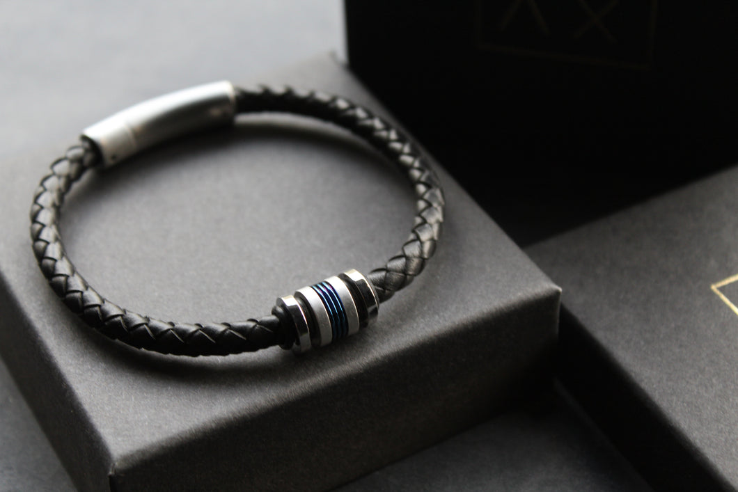 Black Leather Bracelet with Matte & Polished Blue IP Steel Element