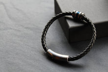 Load image into Gallery viewer, Black Leather Bracelet with Matte &amp; Polished Blue IP Steel Element
