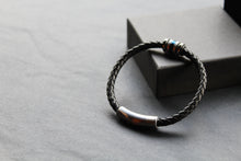 Load image into Gallery viewer, Black Leather Bracelet with Matte &amp; Polished Blue IP Steel Element
