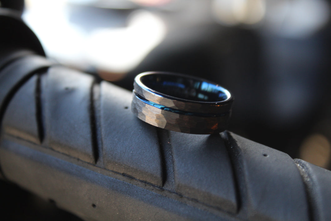 Hammered Tungsten Carbide Ring with Blue Ion Plating