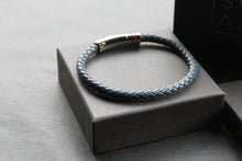 Load image into Gallery viewer, Navy Leather Bracelet Polished Steel Element with Red/Blue Detail
