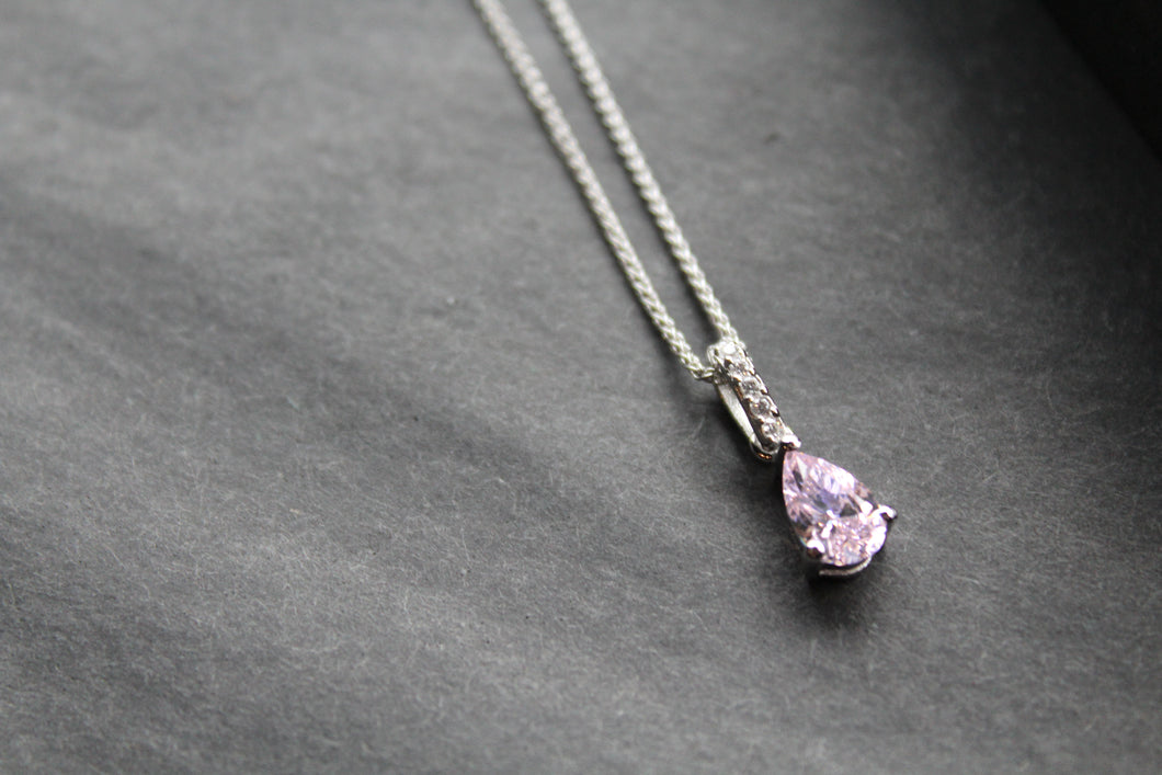 Pink CZ & Silver Teardrop Pendant with 16-18